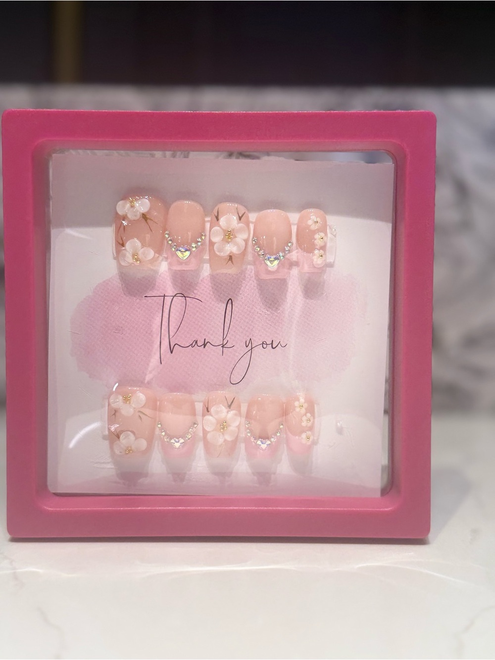 Blush Pink Floral Press-On Nails with Crystal Accents